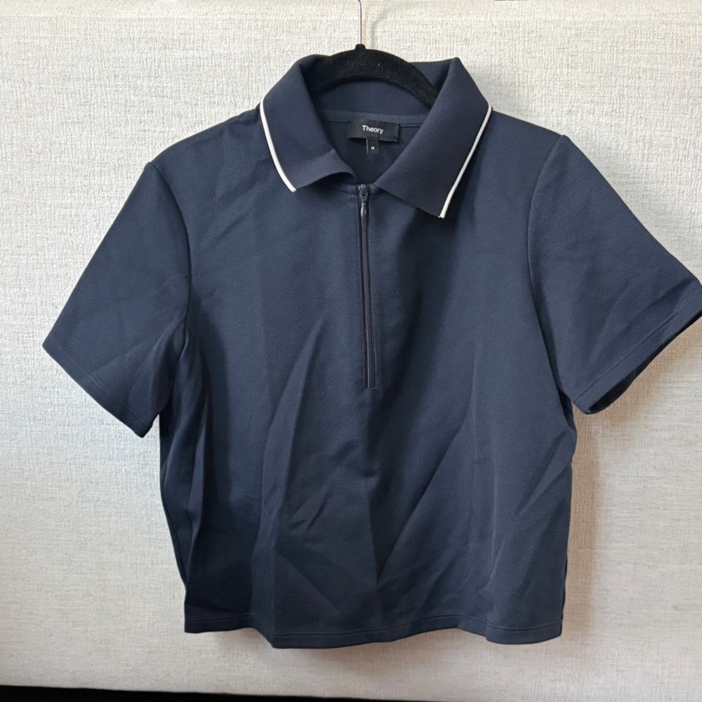 Theory Navy Short Sleeve Zip Polo with White Piping
